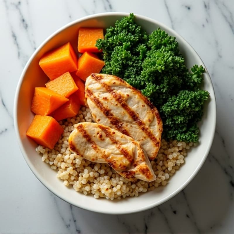 Grilled Chicken and Quinoa Bowl with Roasted Sweet Potato and Kale
