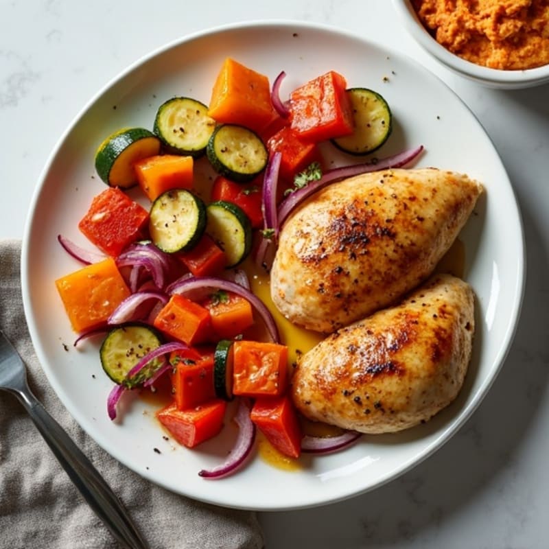 Sheet Pan Chicken and Roasted Vegetables with Creamy Red Pepper Hummus