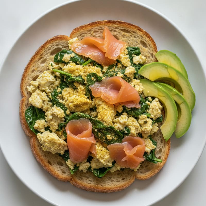 Silky Tofu and Spinach Scramble with Smoked Salmon