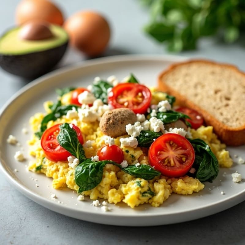 Egg White and Turkey Sausage Scramble with Spinach and Cherry Tomatoes