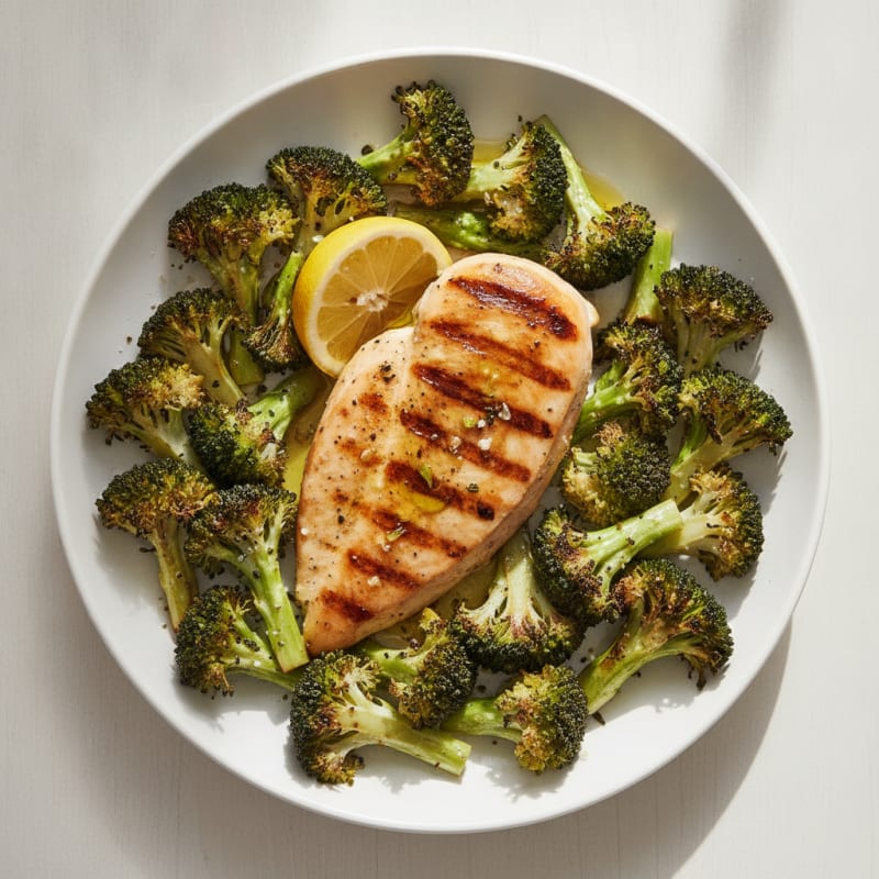 Grilled Chicken Breast with Roasted Broccoli and Lemon