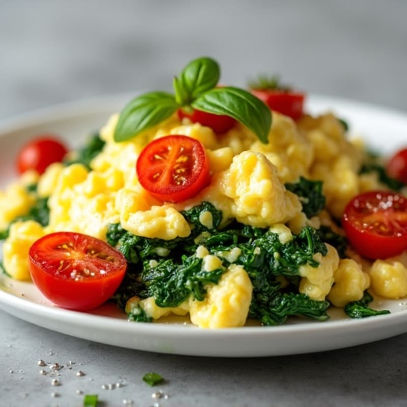 Scrambled Eggs with Sautéed Spinach and Cherry Tomatoes