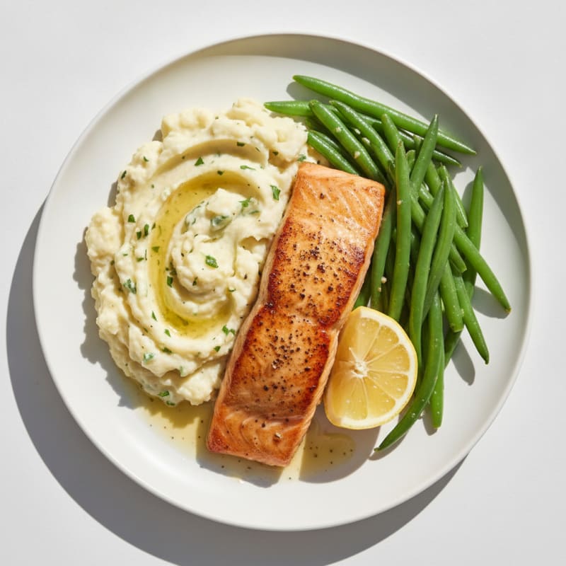 Seared Salmon with Steamed Green Beans and Garlic Mashed Cauliflower