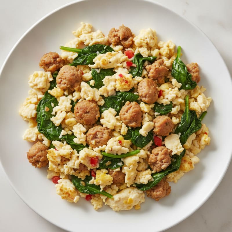 Scrambled Egg Whites with Turkey Sausage and Sautéed Spinach