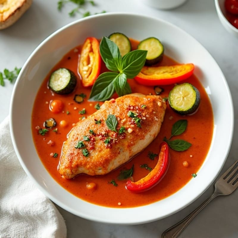 Spiced Chicken with Creamy Coconut Tomato Sauce and Roasted Vegetables