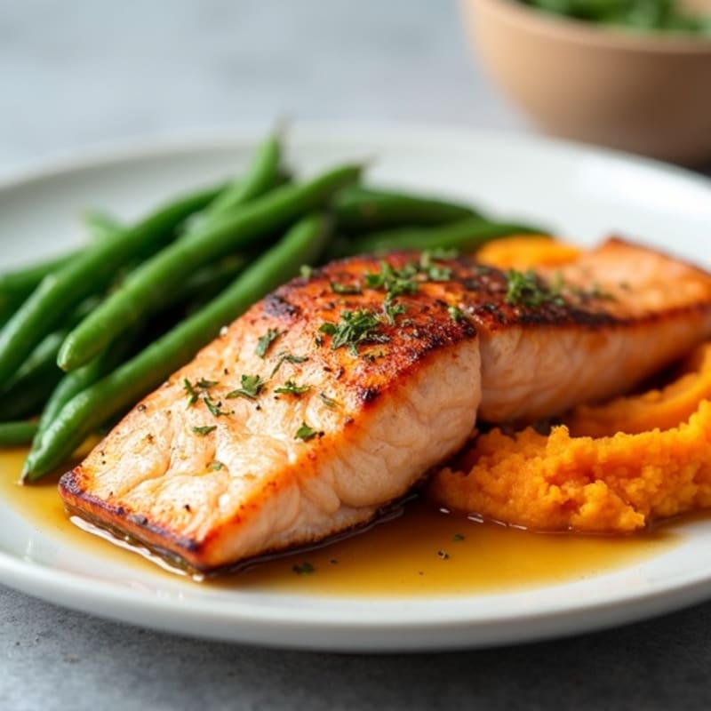 Seared Salmon with Steamed Green Beans and Sweet Potato Mash