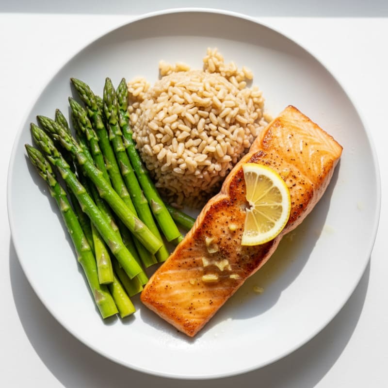 Seared Salmon with Steamed Asparagus and Brown Rice