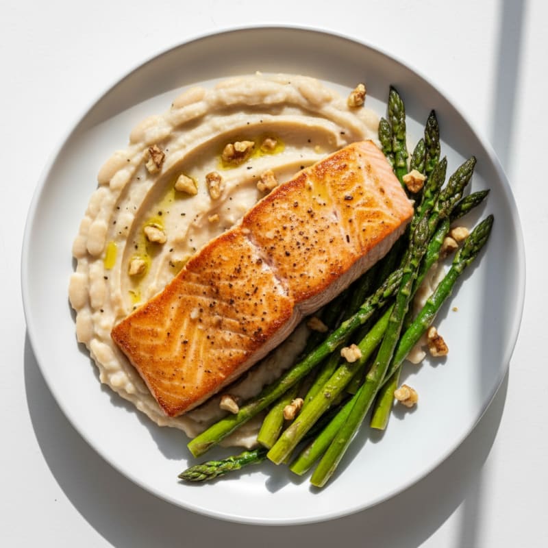 Seared Salmon with Creamy White Bean Mash and Roasted Asparagus