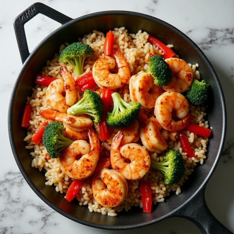 Spicy Chicken and Shrimp Skillet with Brown Rice and Hearty Vegetables