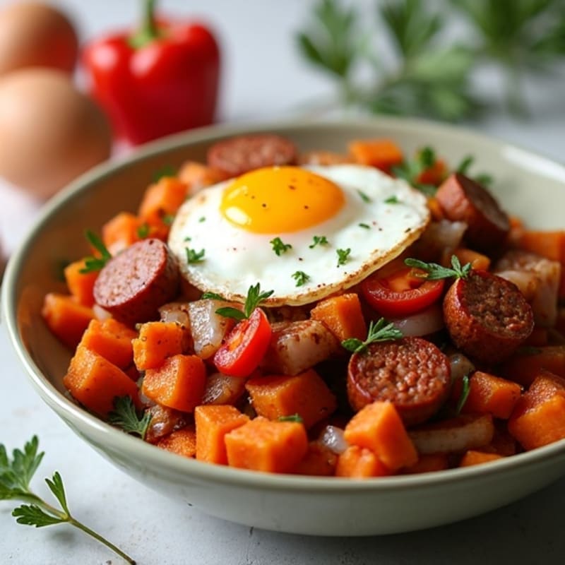 Harvest Sweet Potato Hash with Italian Chicken Sausage and Eggs