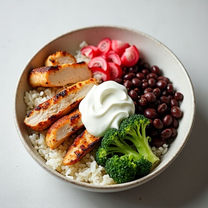 Grilled Turkey and Black Bean Rice Bowl with Roasted Broccoli and Pickled Radishes
