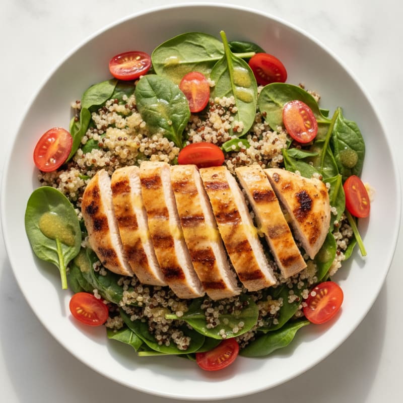 Grilled Chicken and Quinoa Salad with Spinach and Cherry Tomatoes