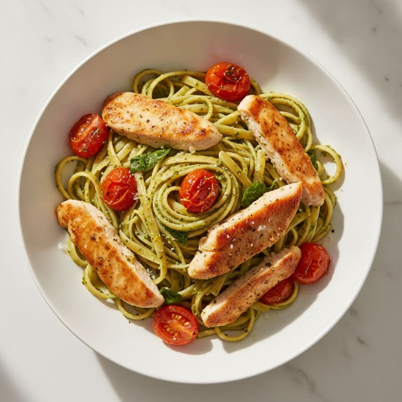 Pesto Chicken Linguine with Blistered Tomatoes