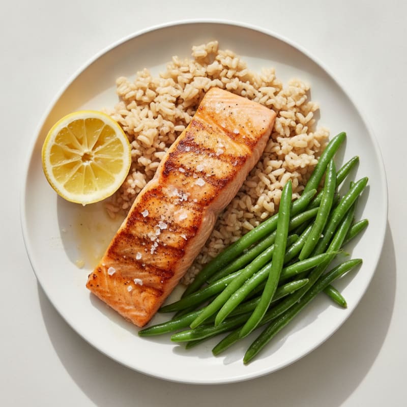 Seared Salmon Fillet with Steamed Green Beans and Brown Rice