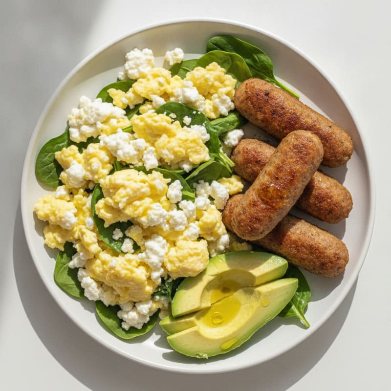 Scrambled Eggs with Cottage Cheese and Turkey Sausage