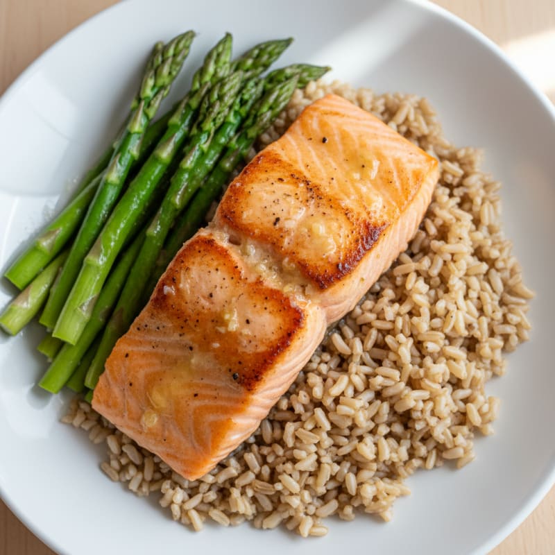 Seared Salmon with Steamed Asparagus and Brown Rice