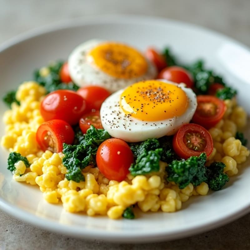 Fluffy Scrambled Eggs with Sautéed Spinach and Cherry Tomatoes