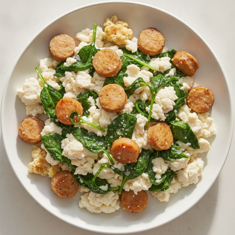 Egg White and Chicken Sausage Scramble with Spinach