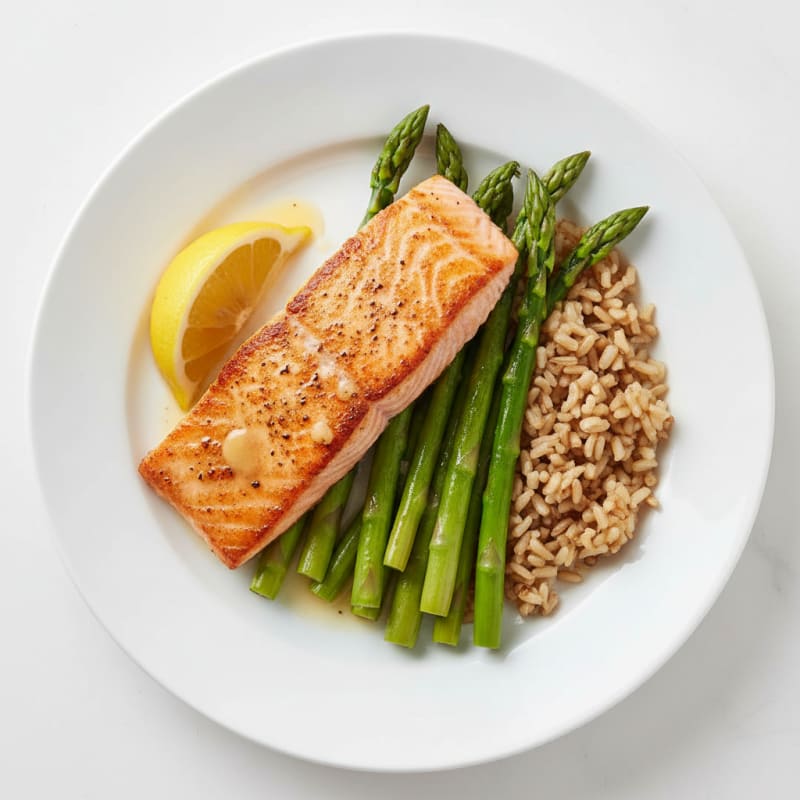 Seared Salmon with Steamed Asparagus and Brown Rice