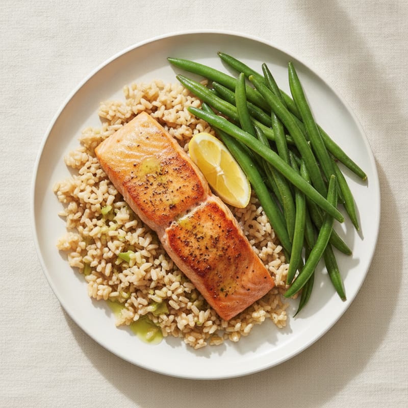 Seared Salmon with Steamed Green Beans and Brown Rice