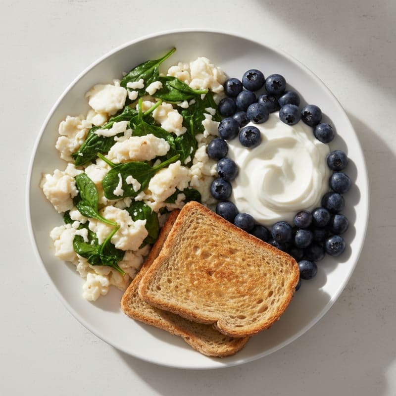Egg White Spinach Scramble with Greek Yogurt and Berries