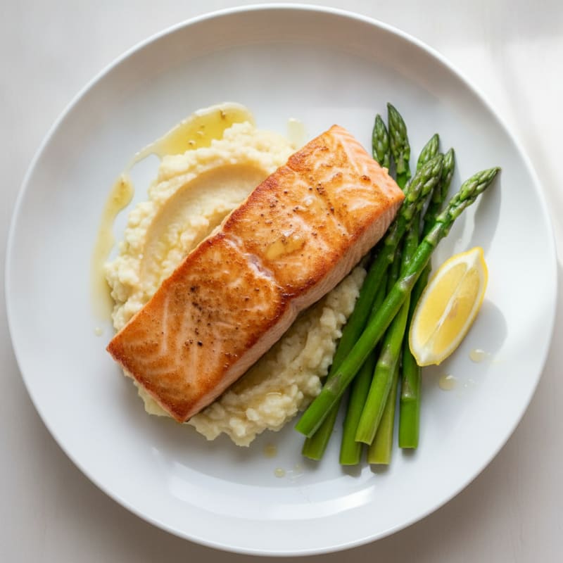 Seared Salmon with Steamed Asparagus and Cauliflower Mash