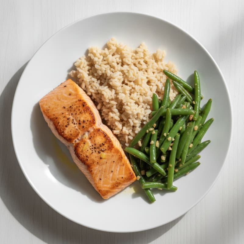 Seared Salmon Fillet with Garlic Green Beans and Brown Rice