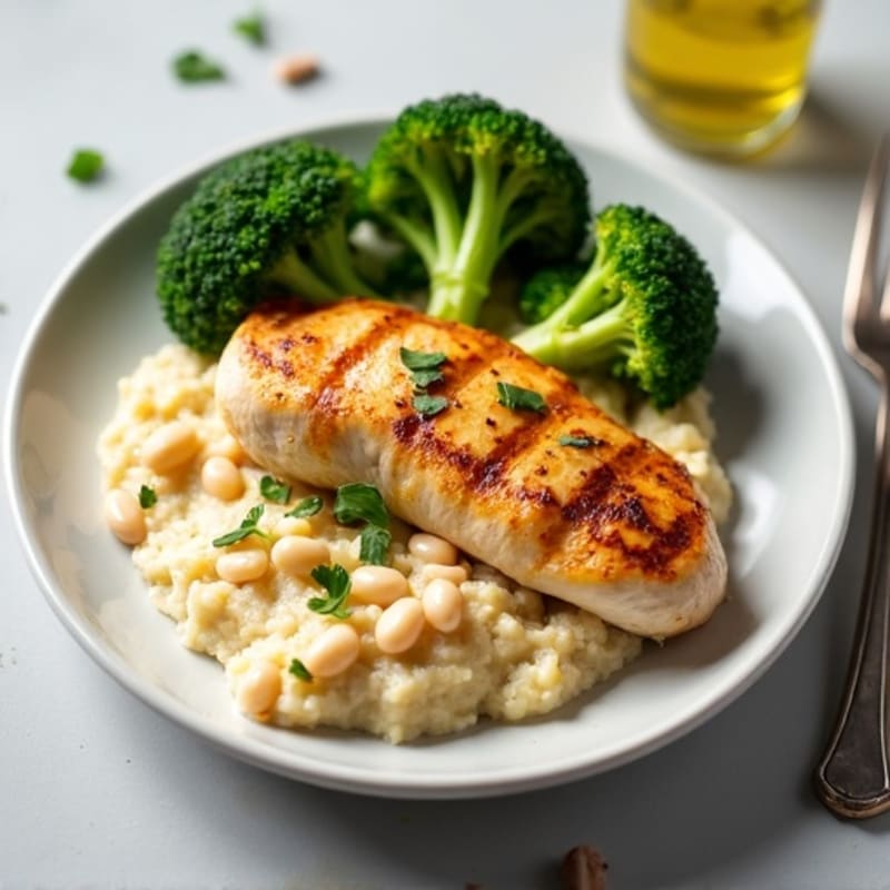 Seared Chicken Breast with Creamy White Bean Mash and Roasted Broccoli