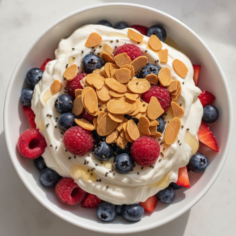 Greek Yogurt Protein Parfait with Mixed Berries and Almonds