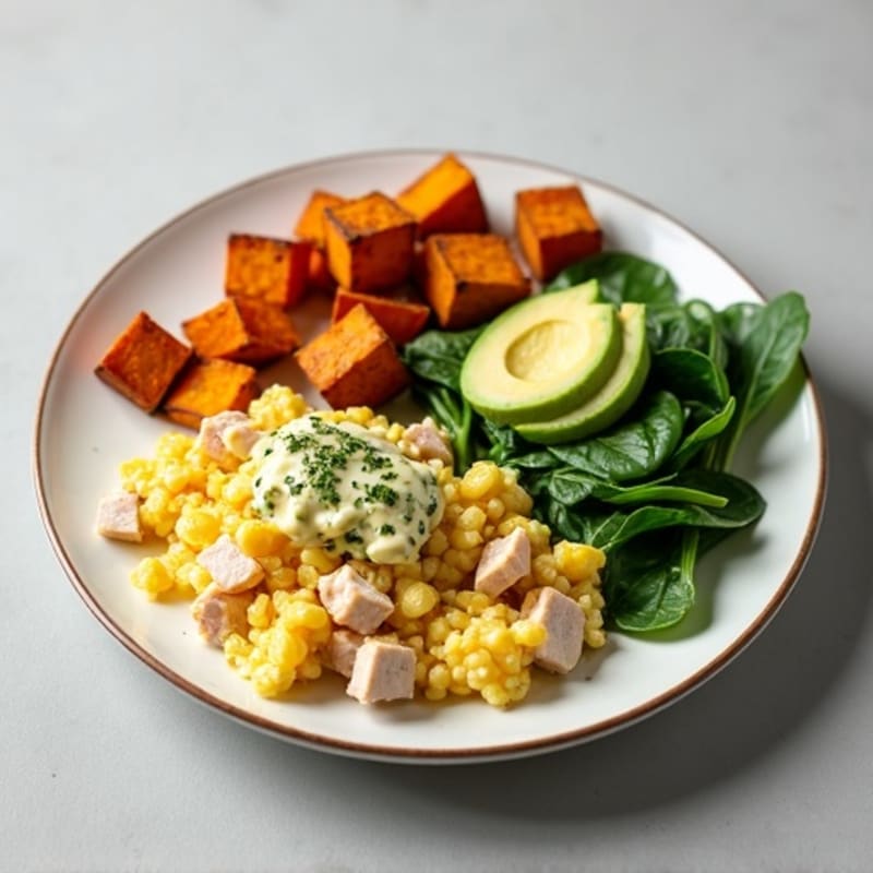 Egg White and Turkey Spinach Scramble with Roasted Sweet Potato