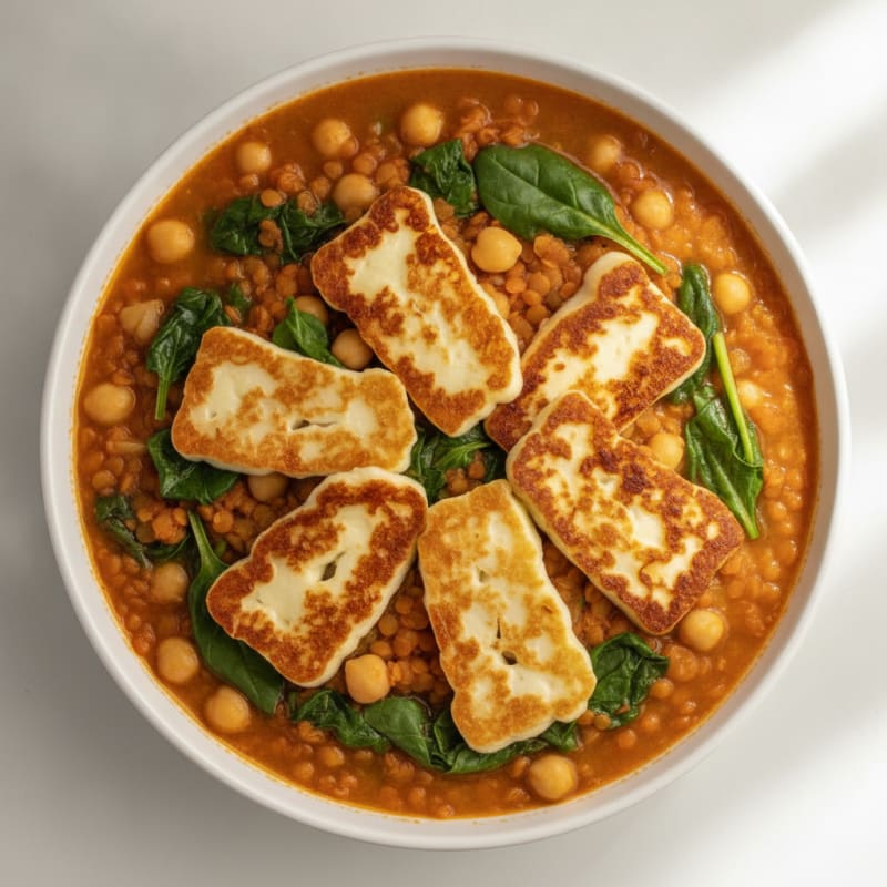 Lentil and Chickpea Stew with Spinach and Grilled Halloumi
