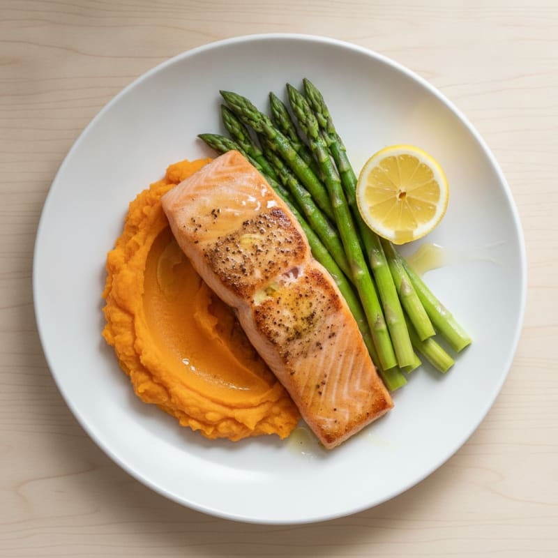 Seared Salmon Fillet with Steamed Asparagus and Mashed Sweet Potato
