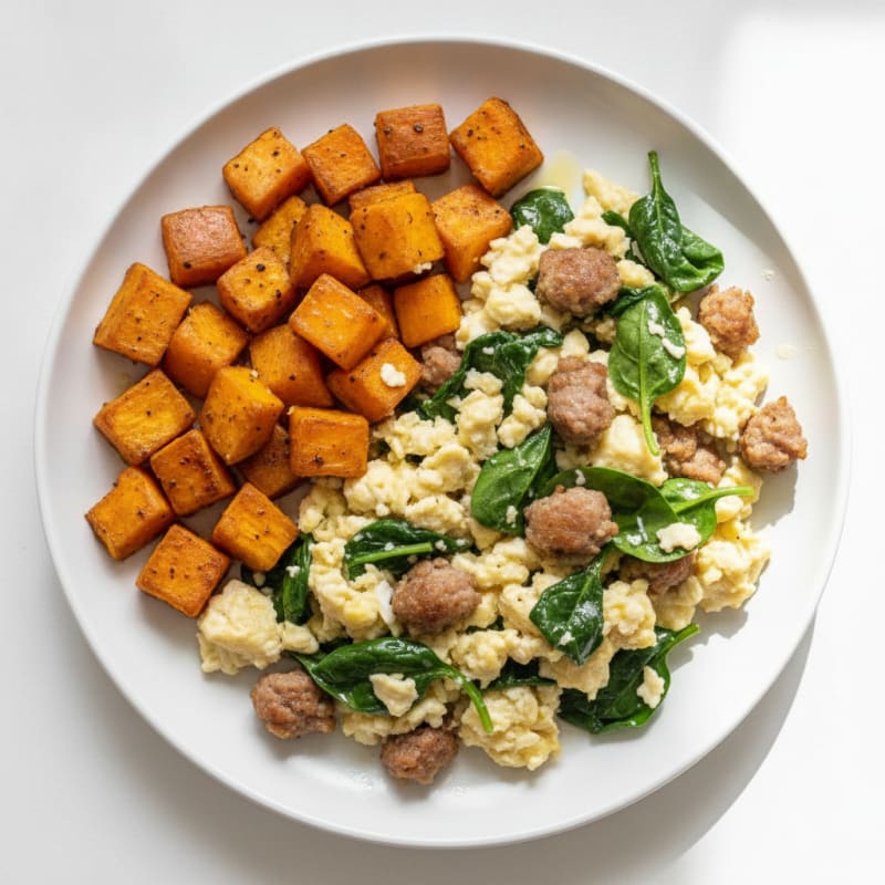 Egg White and Turkey Sausage Scramble with Spinach and Roasted Sweet Potato