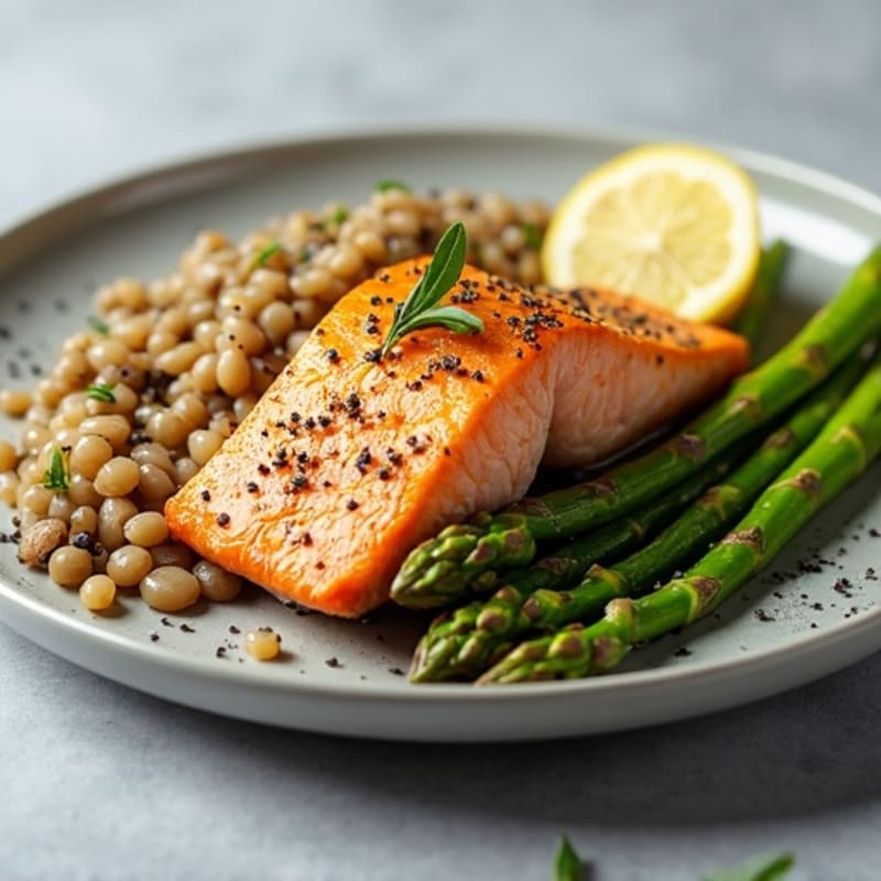 Seared Salmon with Steamed Asparagus and Lentil Mash