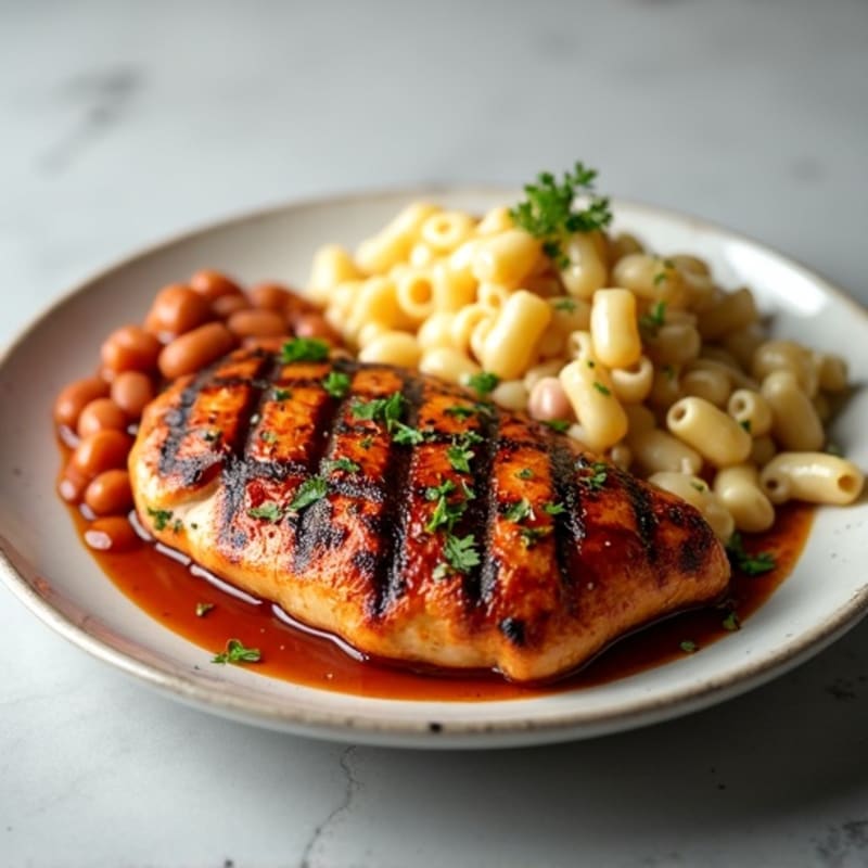 Grilled BBQ Chicken with Smoky Baked Beans and Creamy Herb Pasta Salad