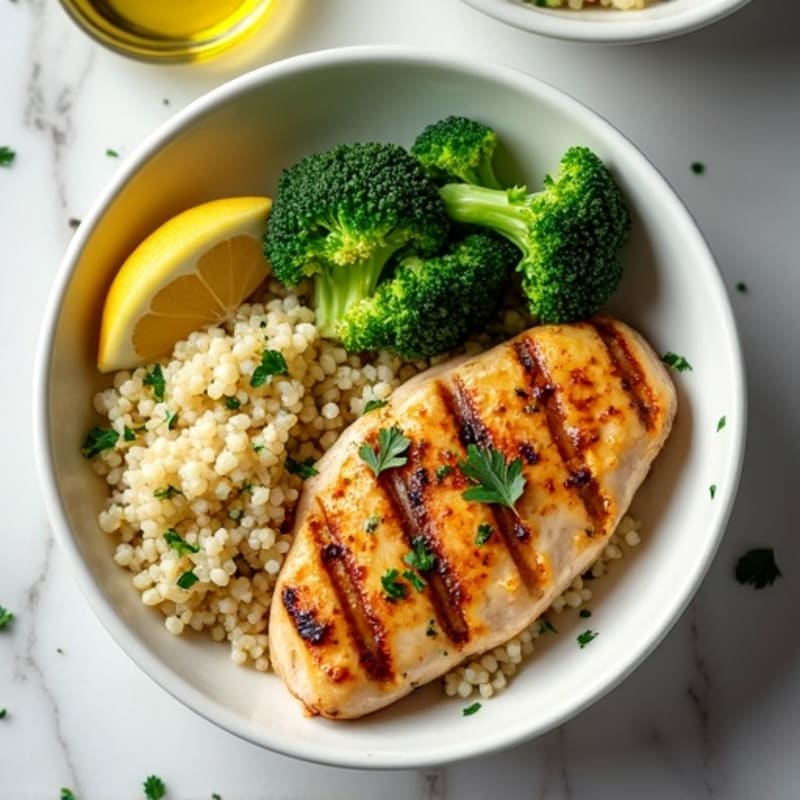 Grilled Lemon Herb Chicken Breast with Quinoa and Steamed Broccoli