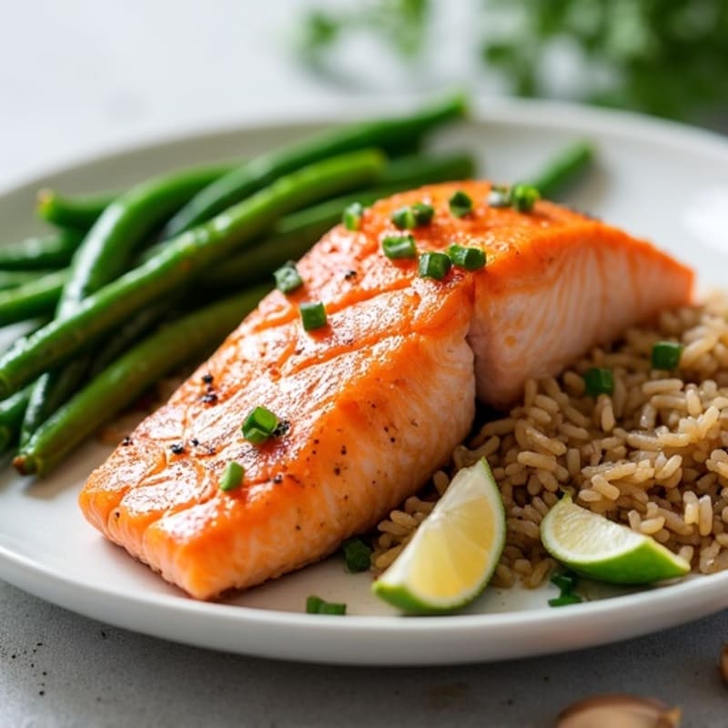 Seared Salmon with Garlic Green Beans and Brown Rice