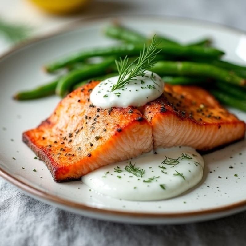 Crispy Pan-Seared Salmon with Creamy Dill Sauce and Roasted Green Beans