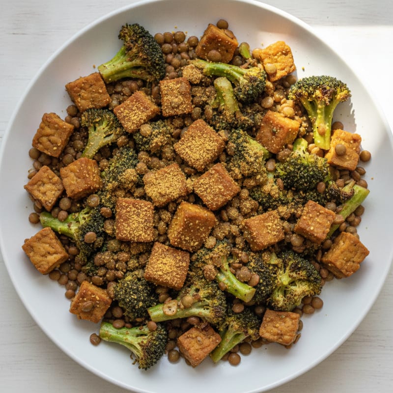 Crispy Tempeh and Lentil Power Bowl with Roasted Broccoli