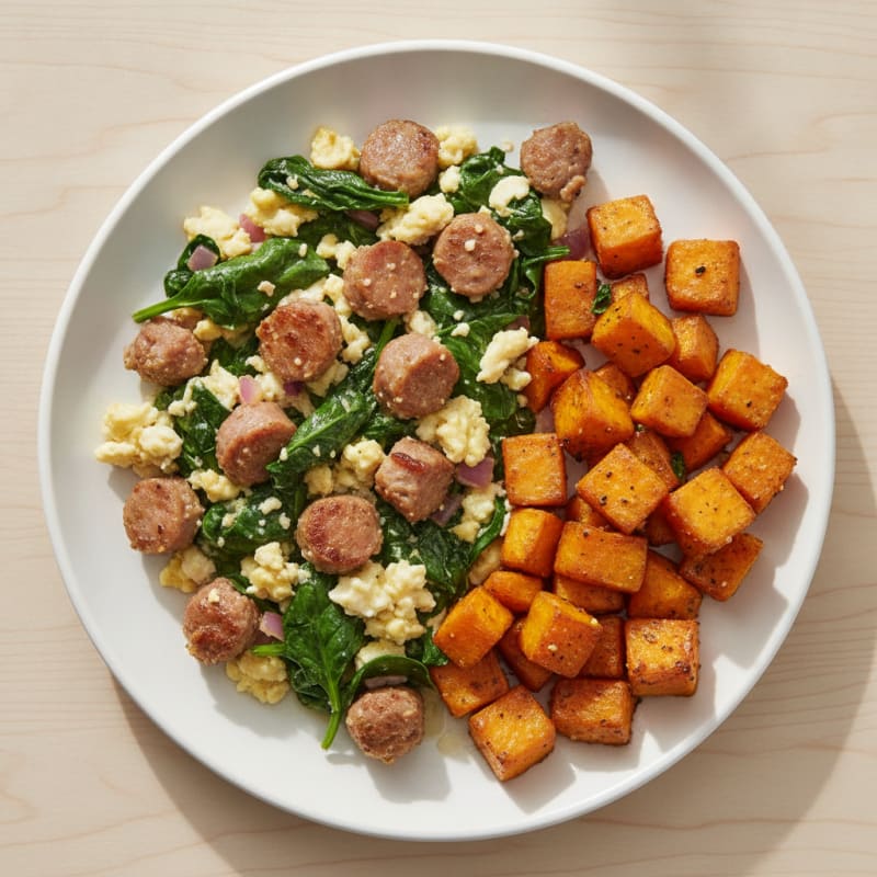 Egg White Spinach and Turkey Sausage Scramble with Roasted Sweet Potatoes