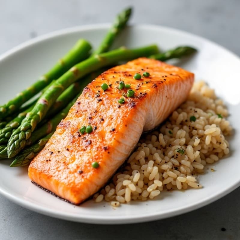 Seared Salmon Fillet with Steamed Asparagus and Brown Rice
