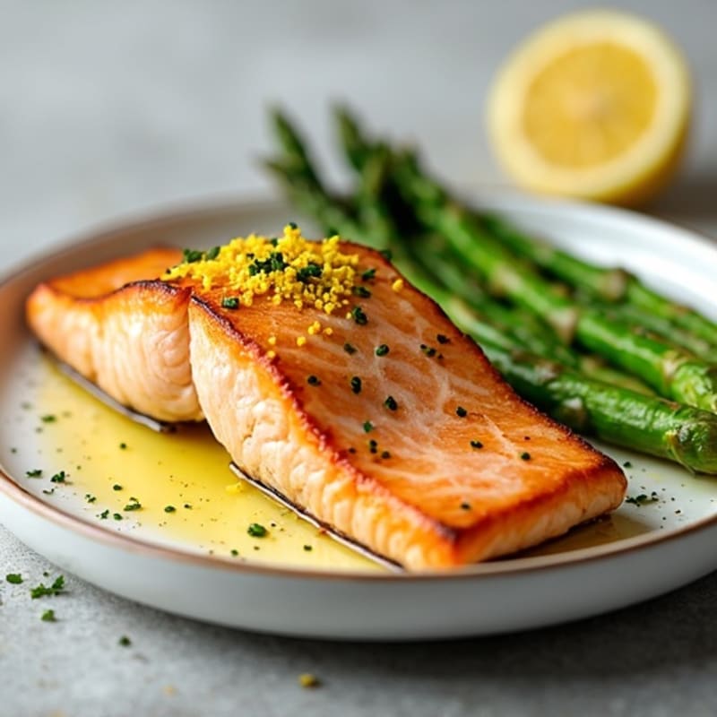 Seared Salmon with Steamed Asparagus and Lemon Zest