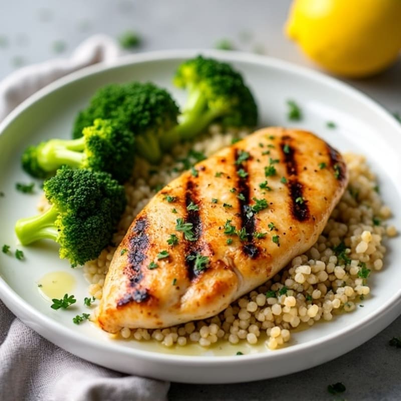 Grilled Lemon Herb Chicken with Quinoa and Steamed Broccoli