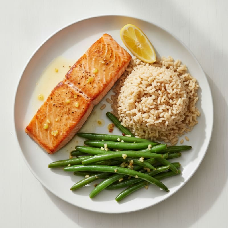 Seared Salmon with Garlic Green Beans and Brown Rice
