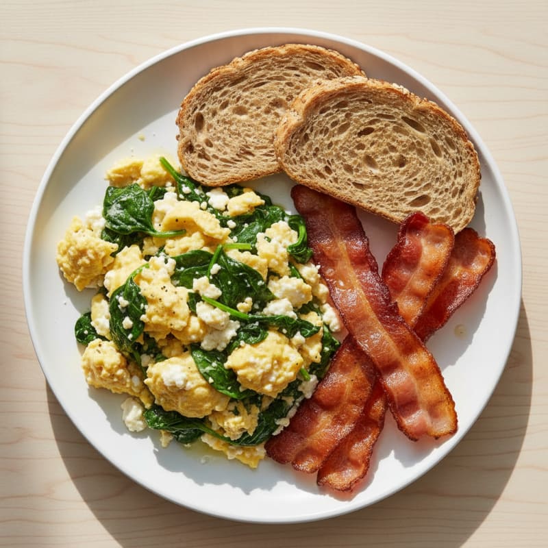 Cottage Cheese Egg Scramble with Spinach and Turkey Bacon