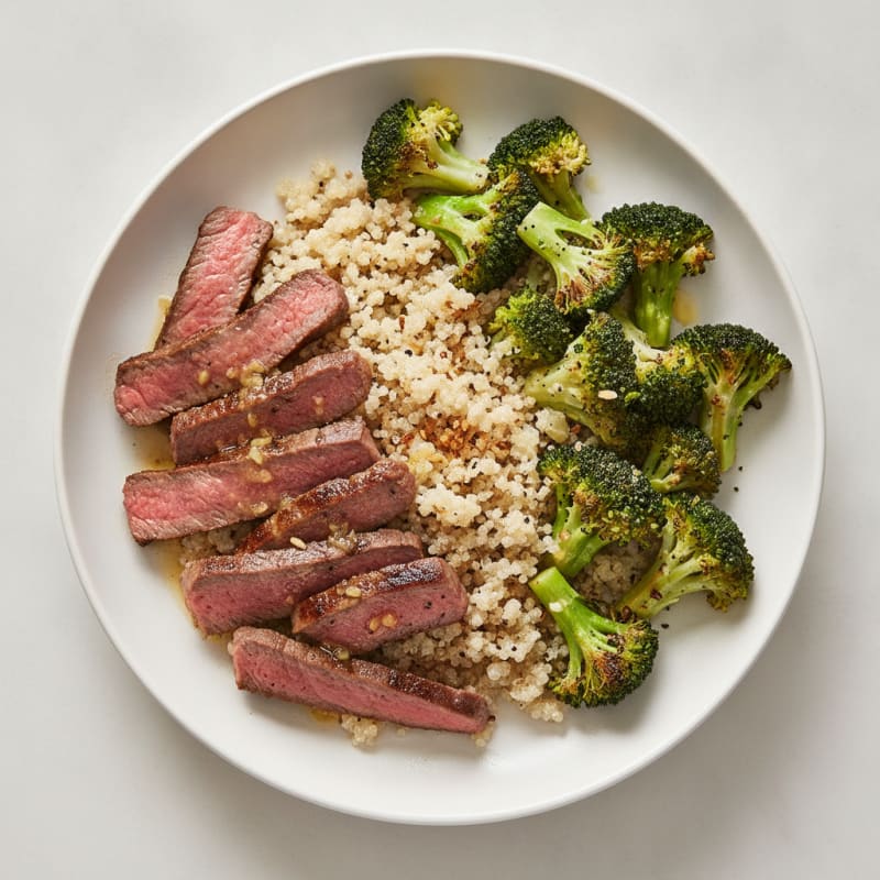 Seared Lean Beef Strips with Roasted Broccoli and Garlic Quinoa