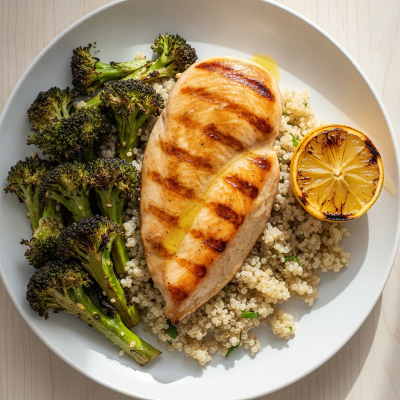 Grilled Chicken Breast with Roasted Broccoli and Quinoa