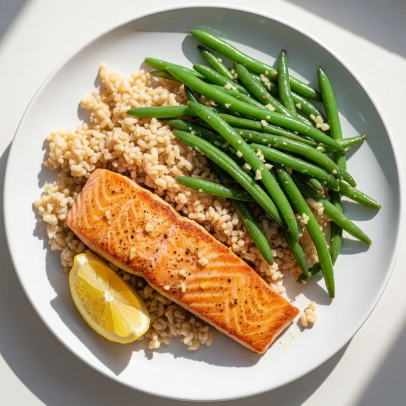 Seared Salmon with Garlic Green Beans and Brown Rice
