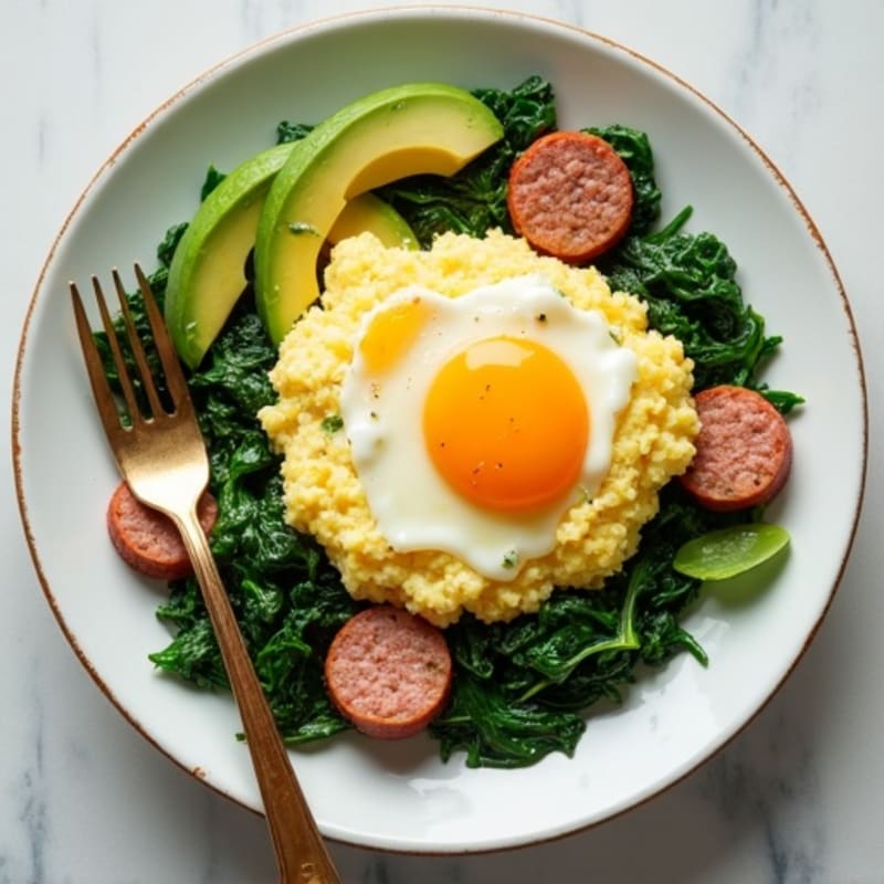 Egg White Scramble with Turkey Sausage and Sautéed Spinach