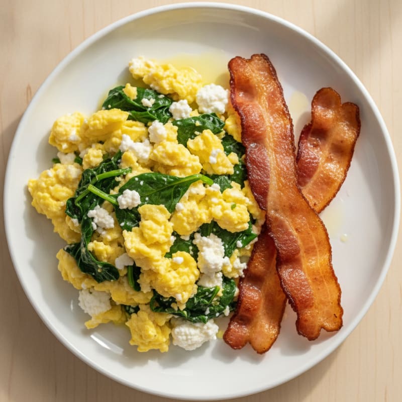 Cottage Cheese Egg Scramble with Spinach and Turkey Bacon